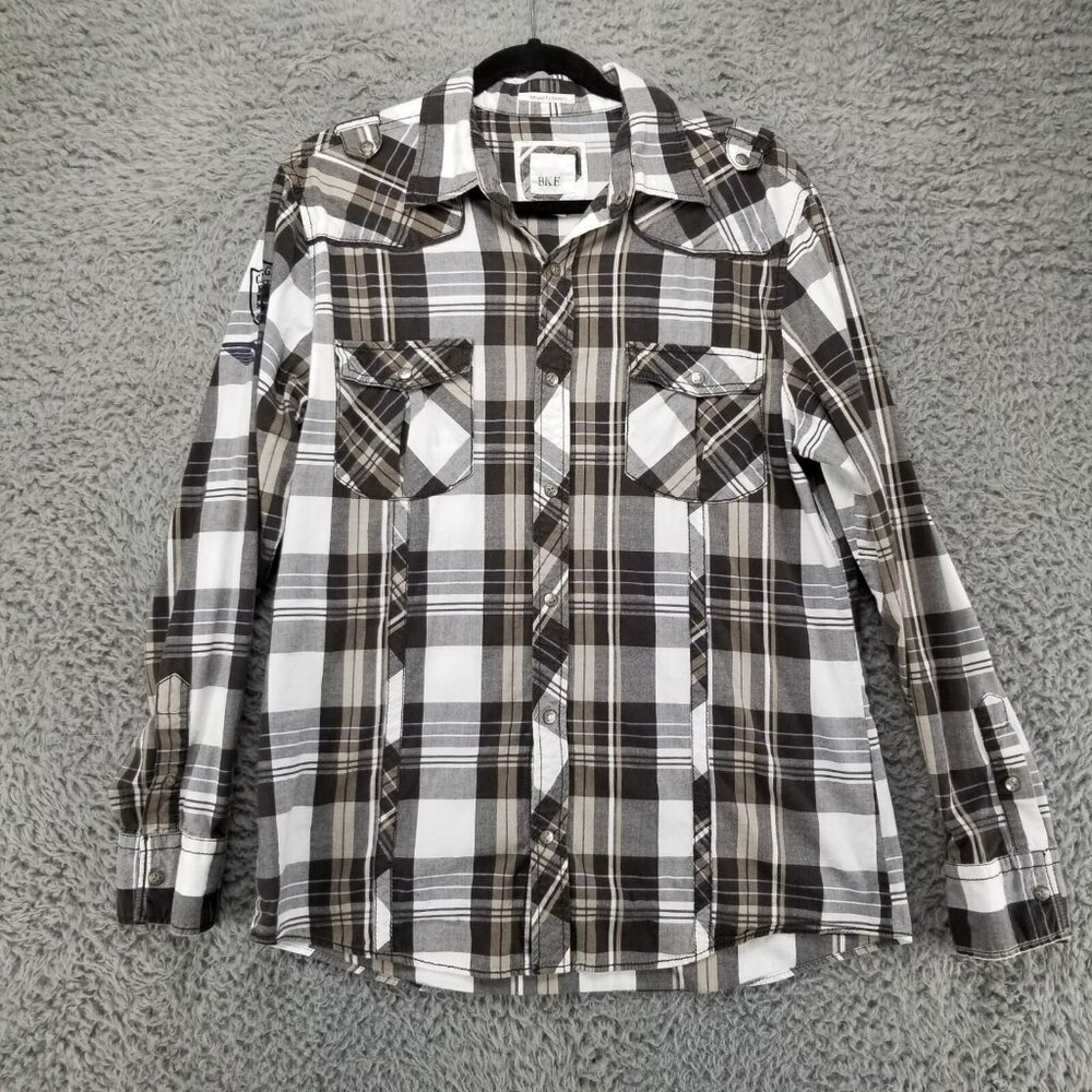 Buckle Shirt Mens Large Gray Plaid Dress Button Up Athletic Fit Stretch - Picture 1 of 12